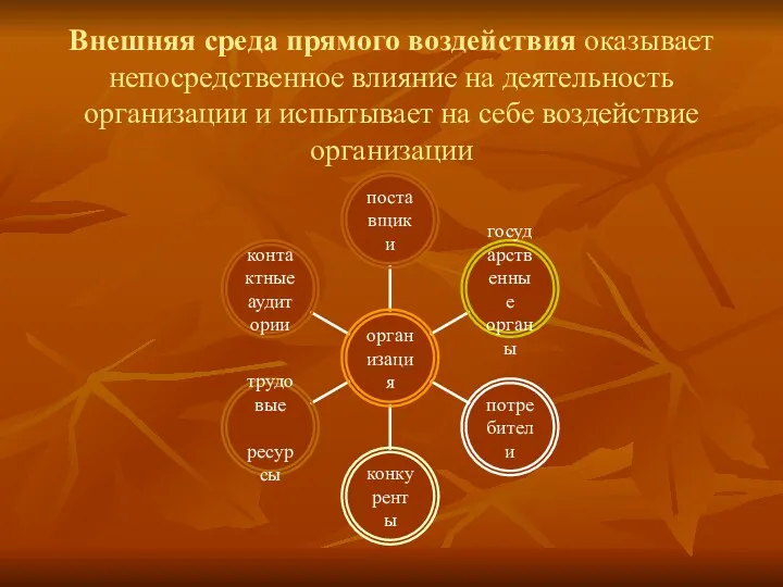 Внешняя среда прямого воздействия оказывает непосредственное влияние на деятельность организации и испытывает на себе воздействие организации