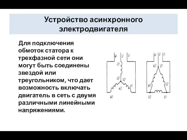 Устройство асинхронного электродвигателя Для подключения обмоток статора к трехфазной сети