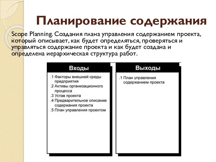 Планирование содержания Scope Planning. Cоздания плана управления содержанием проекта, который
