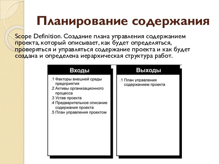 Планирование содержания Scope Definition. Создание плана управления содержанием проекта, который