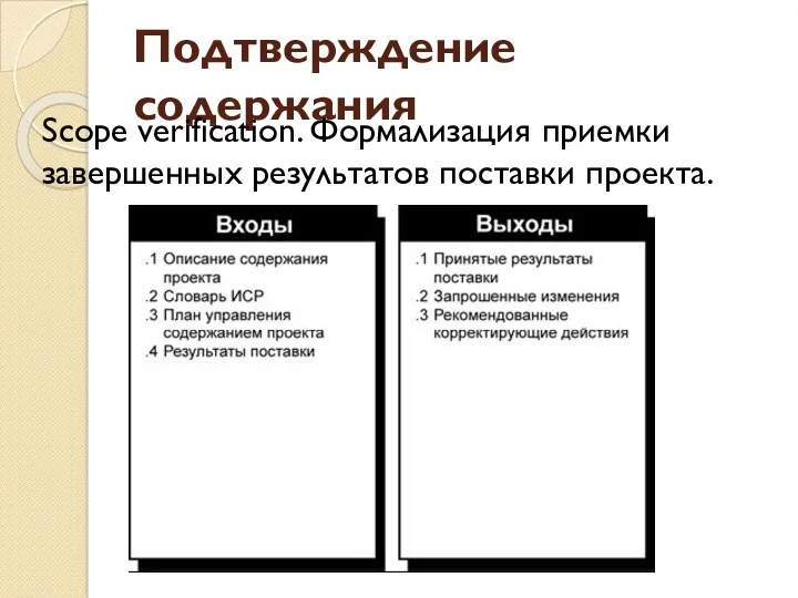 Подтверждение содержания Scope verification. Формализация приемки завершенных результатов поставки проекта.