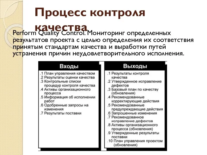 Процесс контроля качества Perform Quality Control. Мониторинг определенных результатов проекта