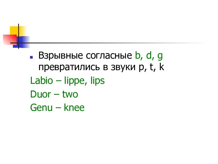 Взрывные согласные b, d, g превратились в звуки p, t,