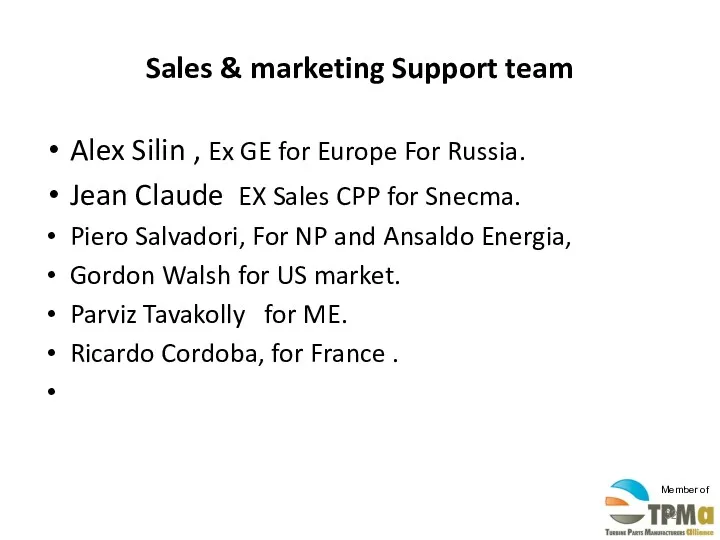 Sales & marketing Support team Alex Silin , Ex GE for Europe For