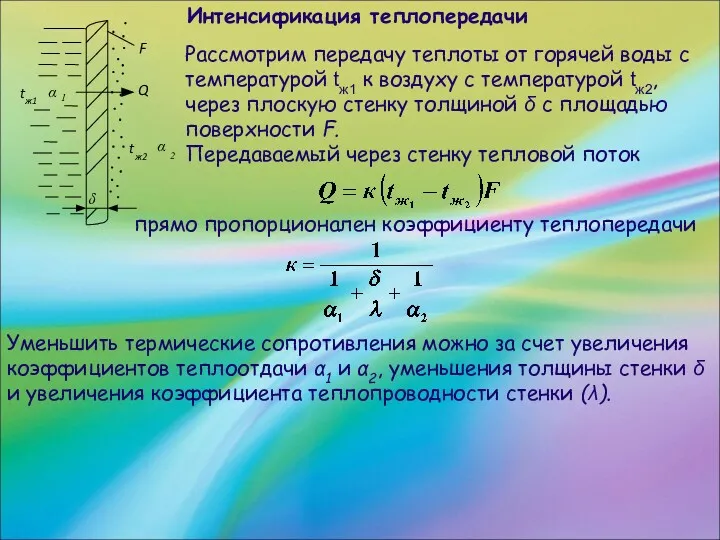 Интенсификация теплопередачи Рассмотрим передачу теплоты от горячей воды с температурой