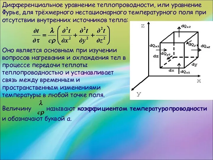 Дифференциальное уравнение теплопроводности, или уравнение Фурье, для трёхмерного нестационарного температурного