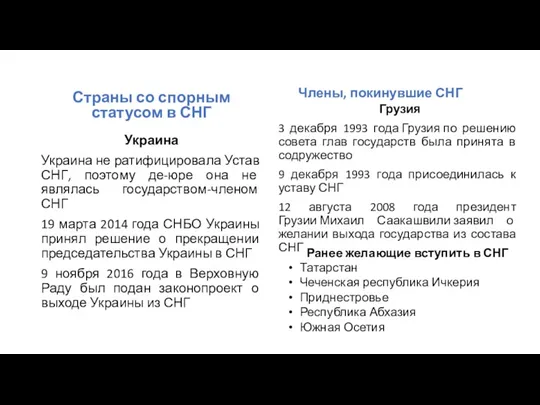 Страны со спорным статусом в СНГ Украина Украина не ратифицировала