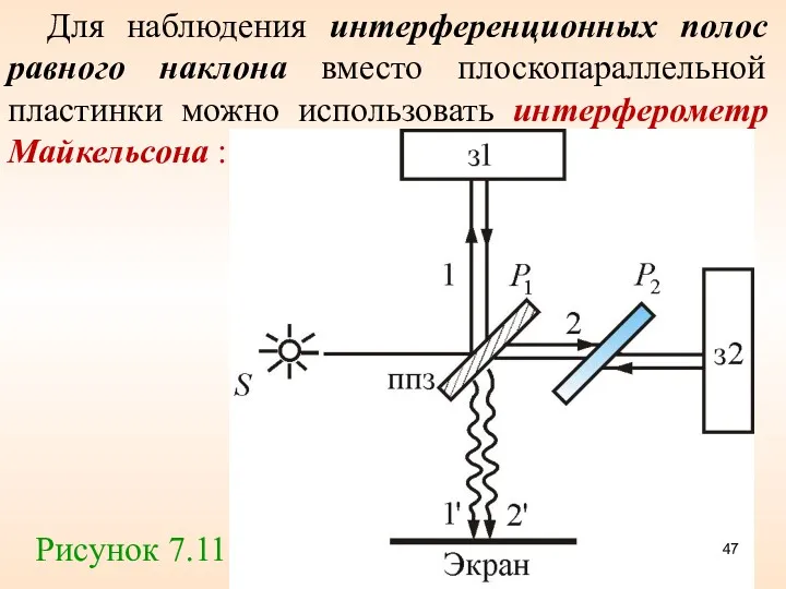 Для наблюдения интерференционных полос равного наклона вместо плоскопараллельной пластинки можно использовать интерферометр Майкельсона : Рисунок 7.11