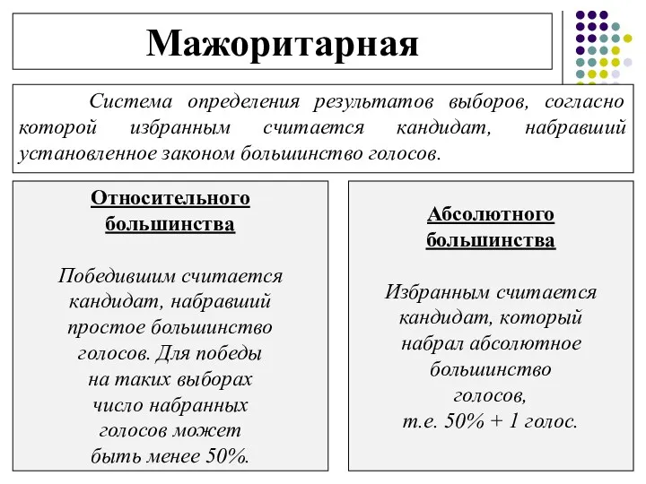 Мажоритарная Система определения результатов выборов, согласно которой избранным считается кандидат,