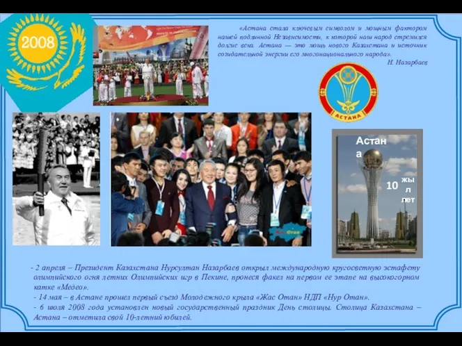 й 2008 2 апреля – Президент Казахстана Нурсултан Назарбаев открыл