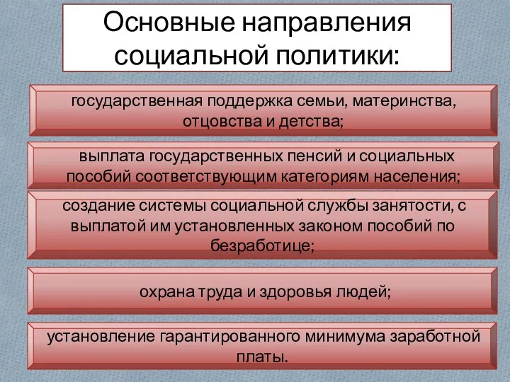 Основные направления социальной политики: государственная поддержка семьи, материнства, отцовства и детства; выплата государственных