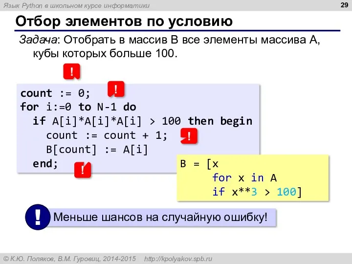 Отбор элементов по условию count := 0; for i:=0 to