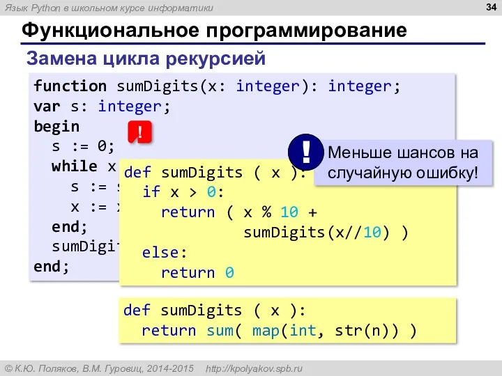 Функциональное программирование Замена цикла рекурсией function sumDigits(x: integer): integer; var