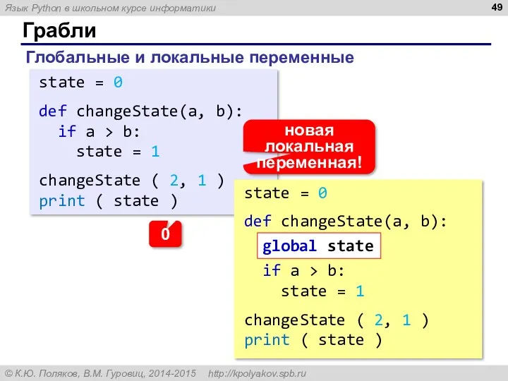 Грабли Глобальные и локальные переменные state = 0 def changeState(a,