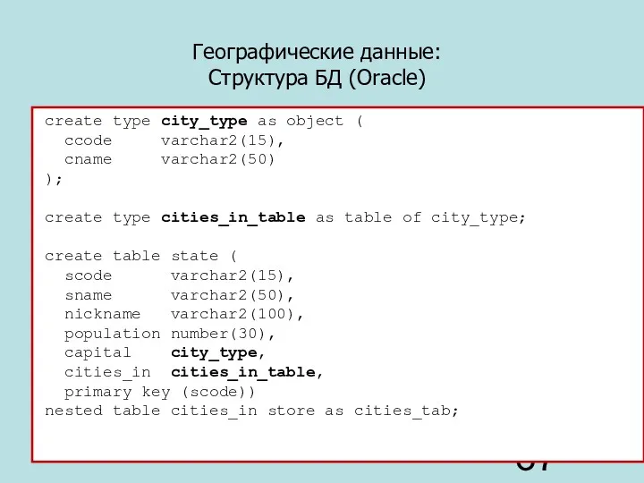 create type city_type as object ( ccode varchar2(15), cname varchar2(50)