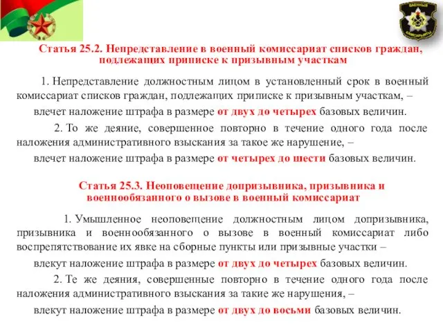 Статья 25.2. Непредставление в военный комиссариат списков граждан, подлежащих приписке