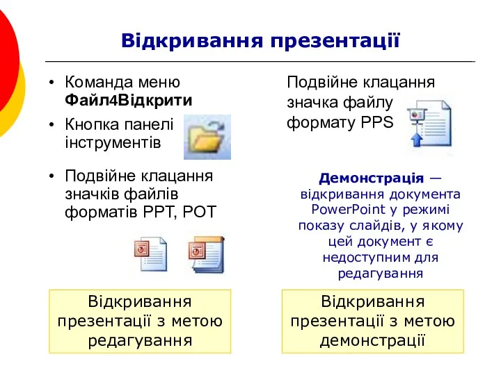 Відкривання презентації Команда меню Файл4Відкрити Кнопка панелі інструментів Подвійне клацання