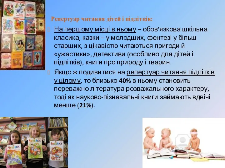 Репертуар читання дітей і підлітків: На першому місці в ньому