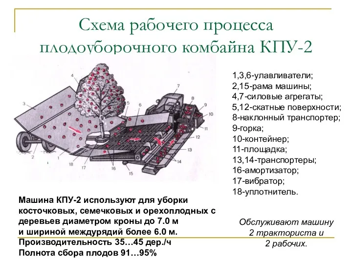 Схема рабочего процесса плодоуборочного комбайна КПУ-2 Машина КПУ-2 используют для