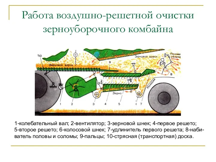 Работа воздушно-решетной очистки зерноуборочного комбайна 1-колебательный вал; 2-вентилятор; 3-зерновой шнек;