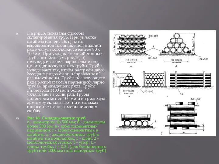 На рис.16 показаны способы складирования труб. При укладке штабеля (см.