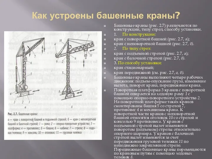 Как устроены башенные краны? Башенные краны (рис. 2.7) различаются по