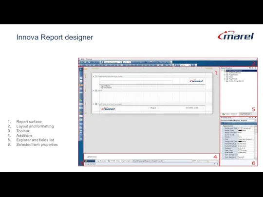 Innova Report designer Report surface Layout and formatting Toolbox Additions Explorer and fields