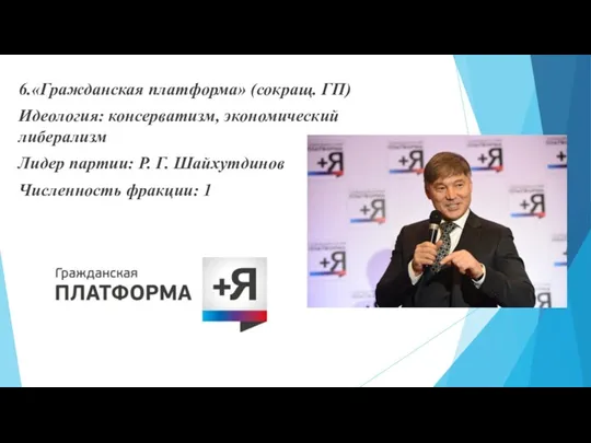 6.«Гражданская платформа» (сокращ. ГП) Идеология: консерватизм, экономический либерализм Лидер партии: Р. Г. Шайхутдинов Численность фракции: 1