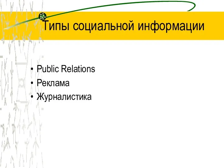 Типы социальной информации Public Relations Реклама Журналистика