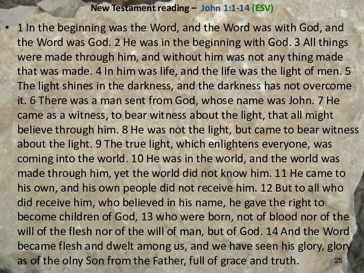 New Testament reading – John 1:1-14 (ESV) 1 In the