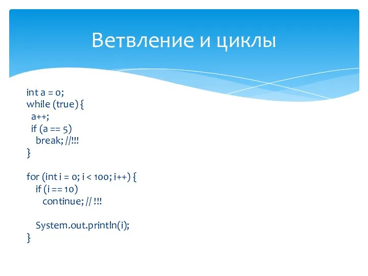 int a = 0; while (true) { a++; if (a == 5) break;