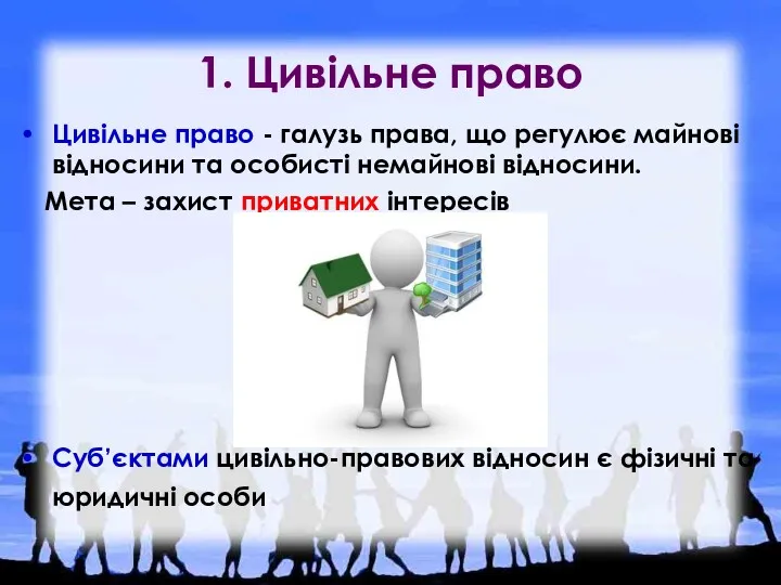 1. Цивільне право Цивільне право - галузь права, що регулює майнові відносини та