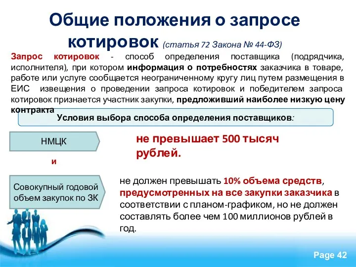 Условия выбора способа определения поставщиков: Общие положения о запросе котировок