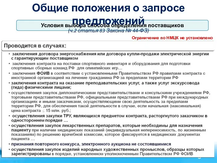 Условия выбора способа определения поставщиков Общие положения о запросе предложений