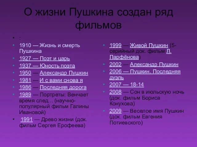 О жизни Пушкина создан ряд фильмов : 1910 — Жизнь