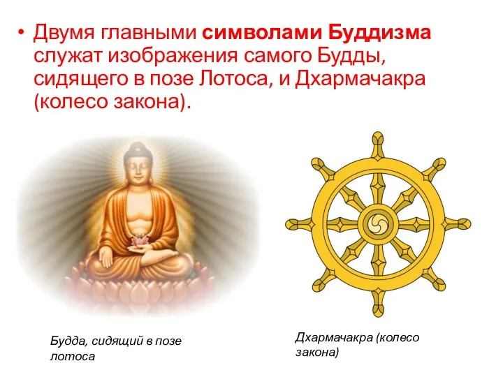 Двумя главными символами Буддизма служат изображения самого Будды, сидящего в позе Лотоса, и