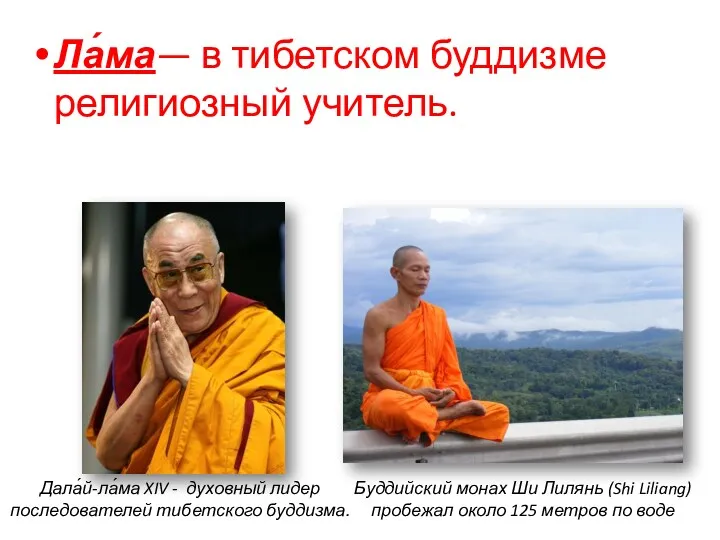 Дала́й-ла́ма XIV - духовный лидер последователей тибетского буддизма. Буддийский монах Ши Лилянь (Shi