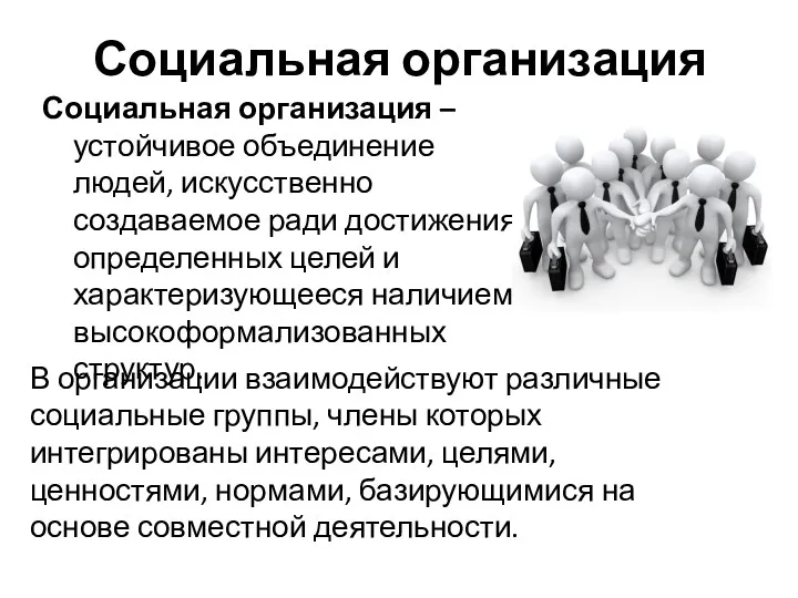 Социальная организация Социальная организация – устойчивое объединение людей, искусственно создаваемое