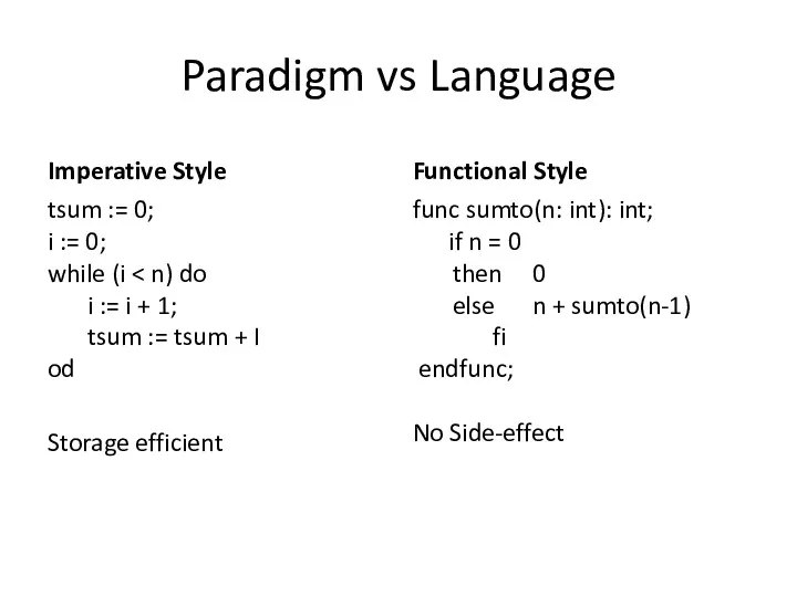 Paradigm vs Language Imperative Style tsum := 0; i :=