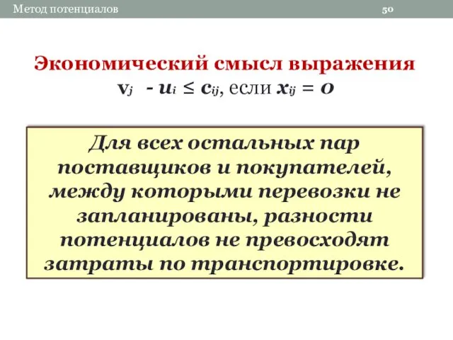 50 Метод потенциалов Экономический смысл выражения vj - ui ≤