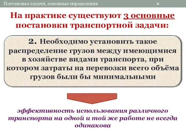 6 Постановка задачи, основные определения эффективность использования различного транспорта на