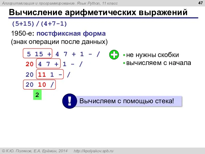Вычисление арифметических выражений (5+15)/(4+7-1) 1950-е: постфиксная форма (знак операции после
