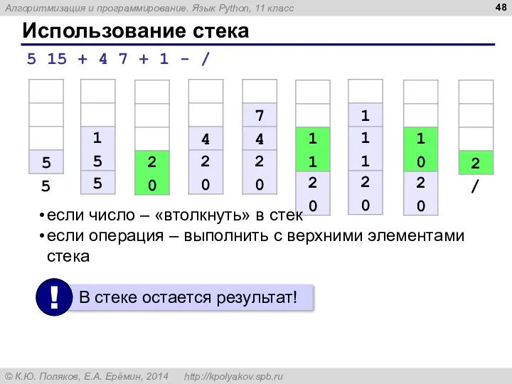 Использование стека 5 15 + 4 7 + 1 -