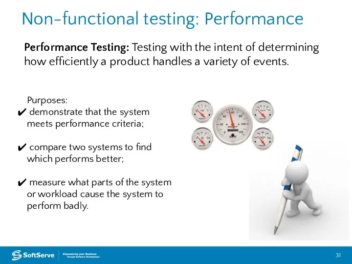 Non-functional testing: Performance Performance Testing: Testing with the intent of