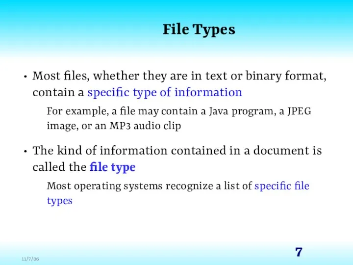 File Types Most files, whether they are in text or binary format, contain