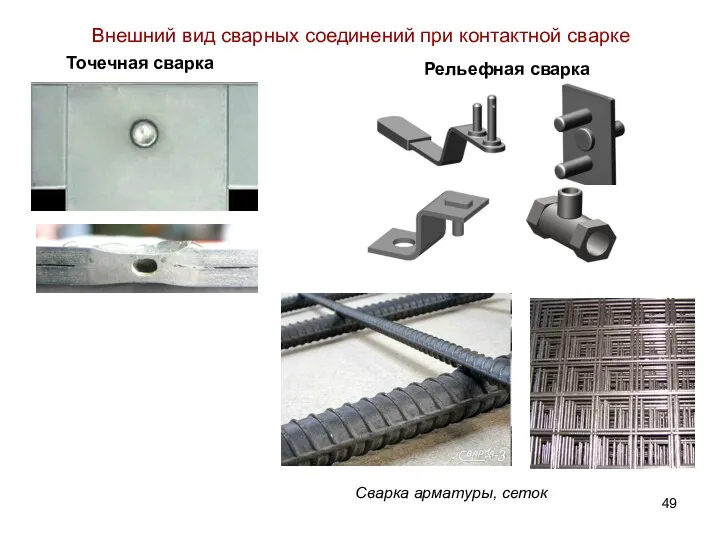 Внешний вид сварных соединений при контактной сварке Точечная сварка Рельефная сварка Сварка арматуры, сеток