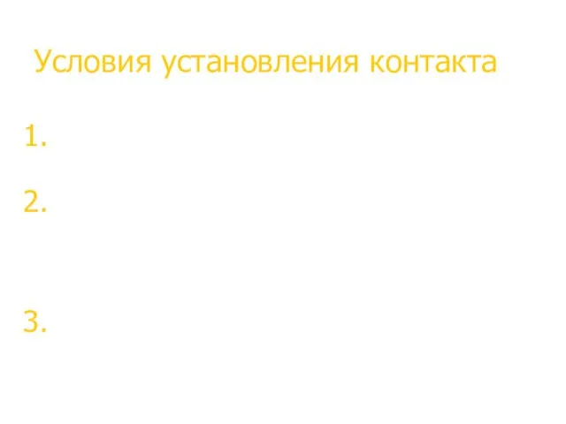 Условия установления контакта Единое поведение(поза, темп речи каналы восприятия ,жесты…)