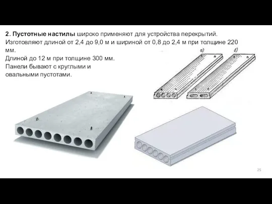 2. Пустотные настилы широко применяют для устройства перекрытий. Изготовляют длиной