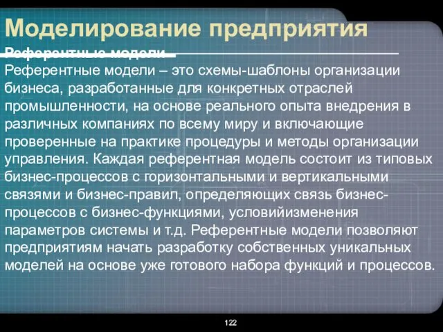 Моделирование предприятия Референтные модели Референтные модели – это схемы-шаблоны организации