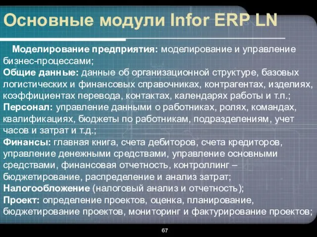 Основные модули Infor ERP LN Моделирование предприятия: моделирование и управление